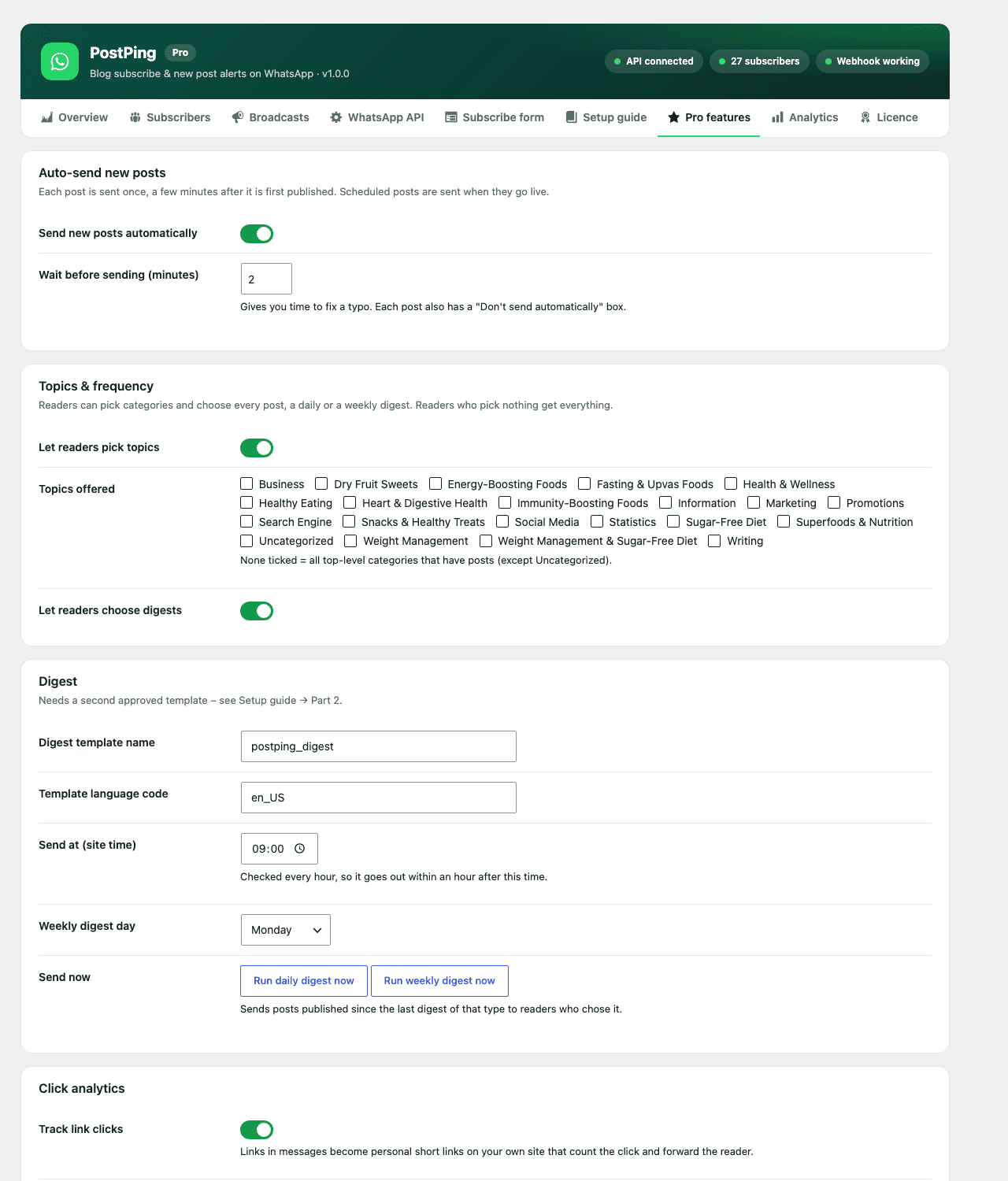 Pro settings: auto-send, topics, digests, analytics, OTP
