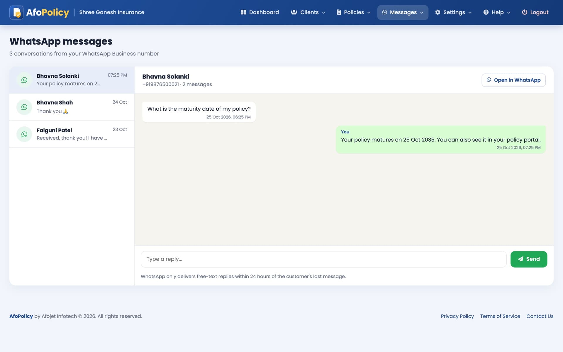 WhatsApp inbox inside the CRM