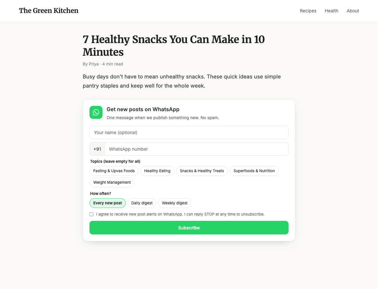 Subscribe form with topics and how often