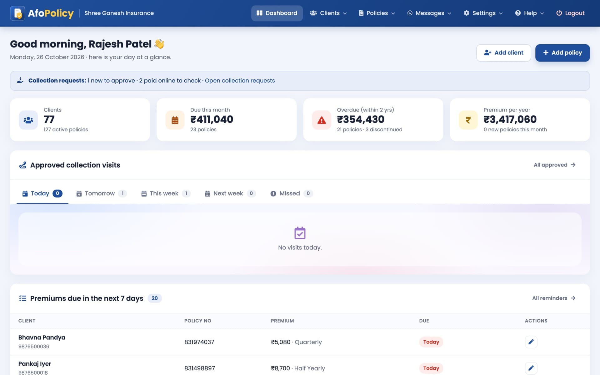 Dashboard: premiums due this month, overdue, birthdays and anniversaries