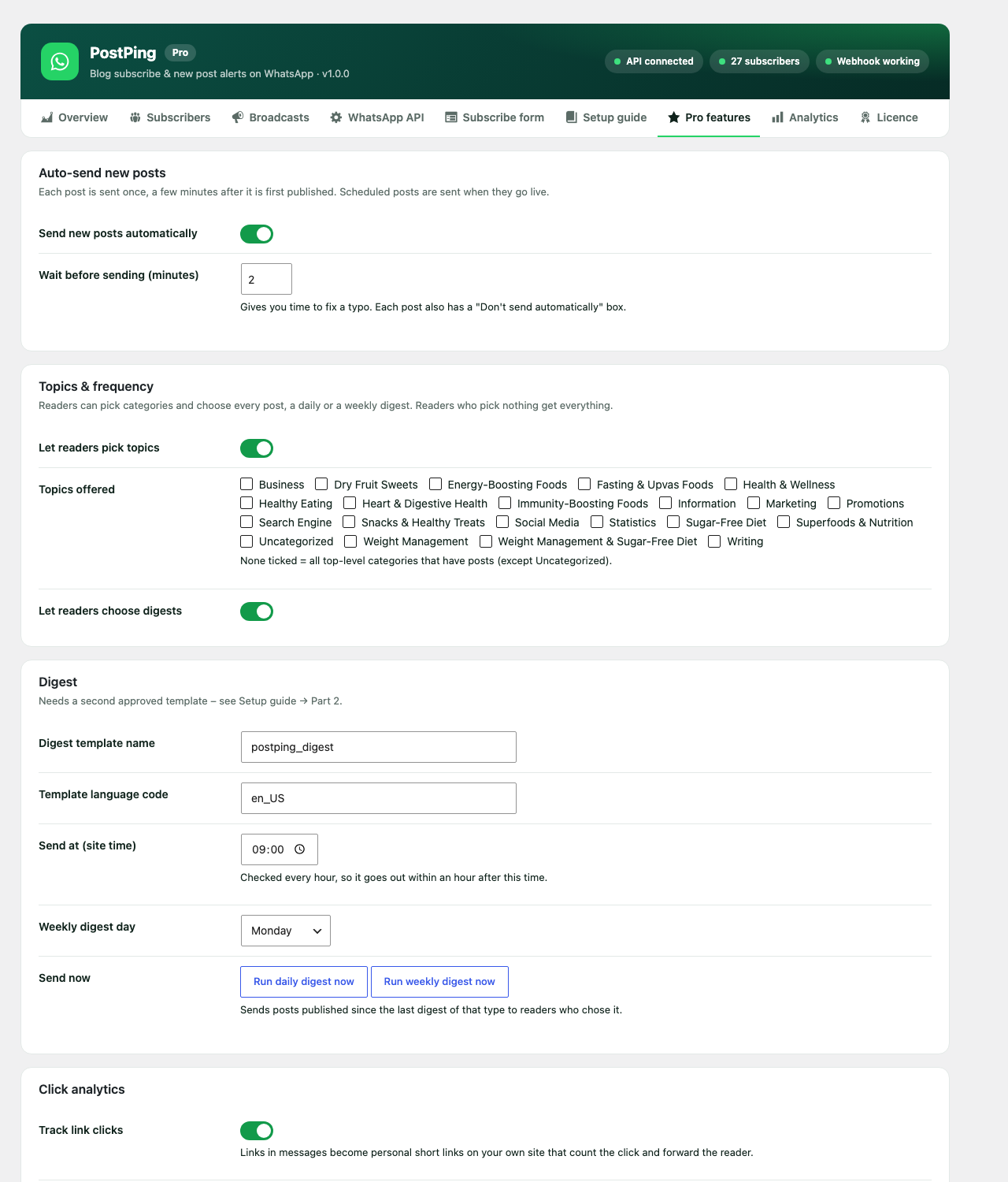 Pro settings: auto-send, topics, digests, analytics, OTP